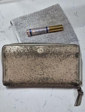Tory Burch Gold Metallic Zip Wallet with Logo